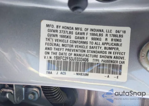 2018 Honda Civic Lx из США, поврежденный, VIN 19XFC2F53JE033406